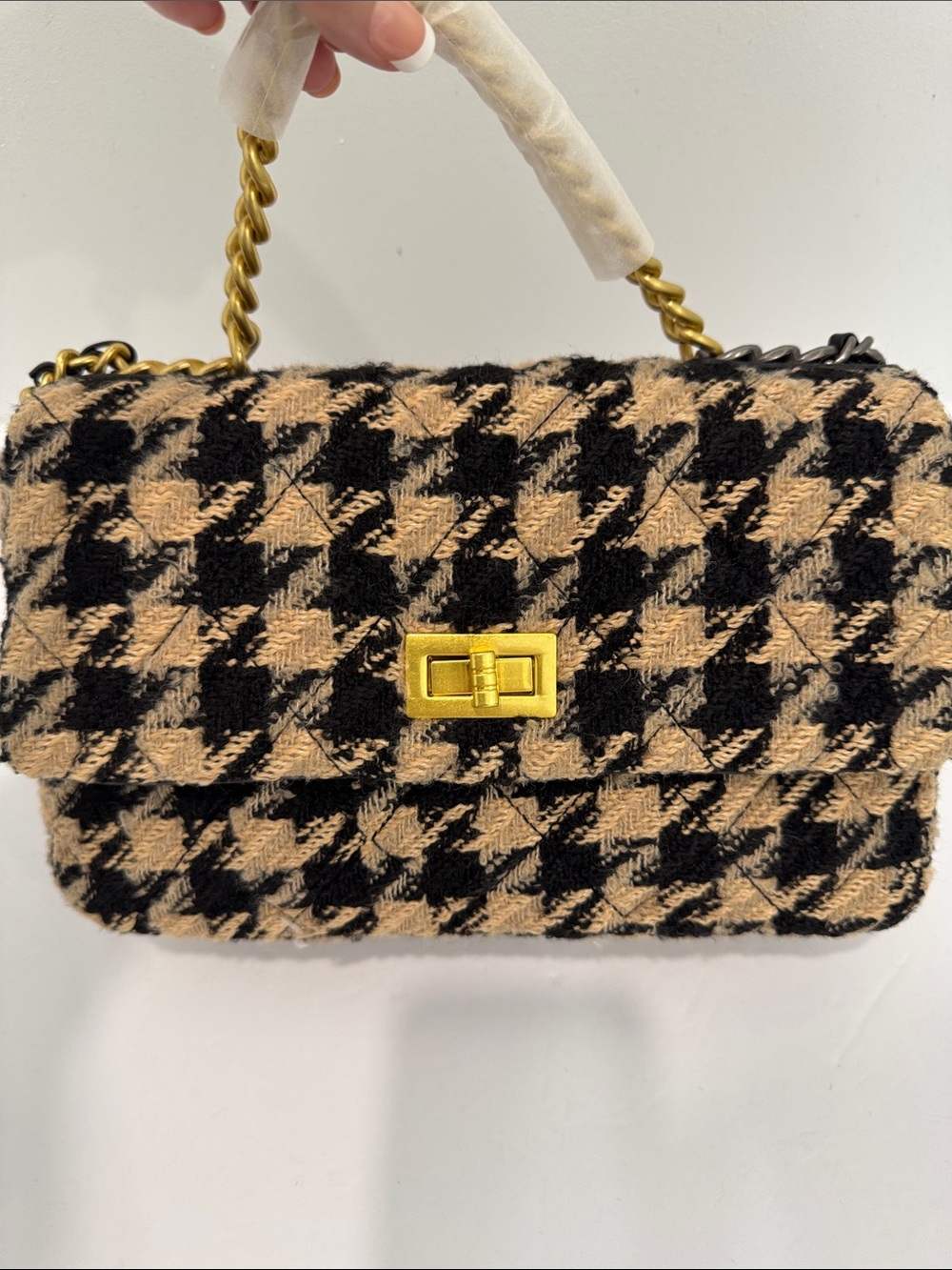 Houndstooth Quilted Shoulder Bag in Black and Beige with Gold Hardware
